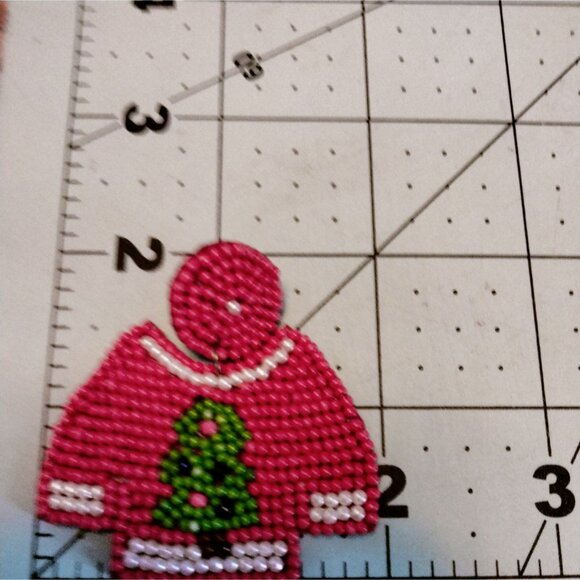 Ugly Christmas Sweater Beaded Earrings Red Green Christmas Tree - Picture 2 of 6